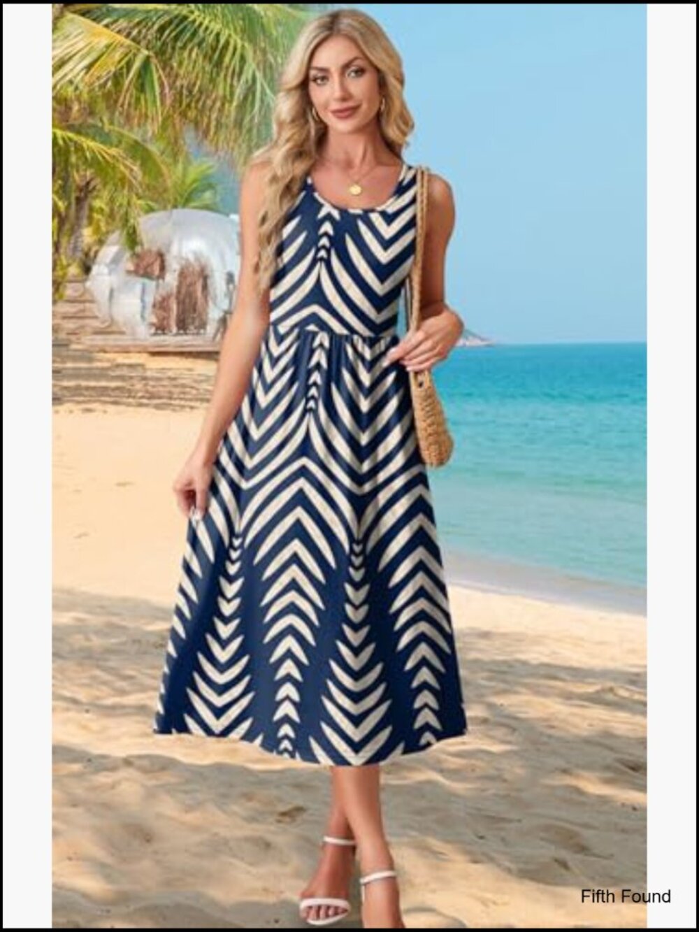 Women's Sleeveless Scoop Neck A-Line Midi Summer Dress with Pockets - Picture 3 of 7